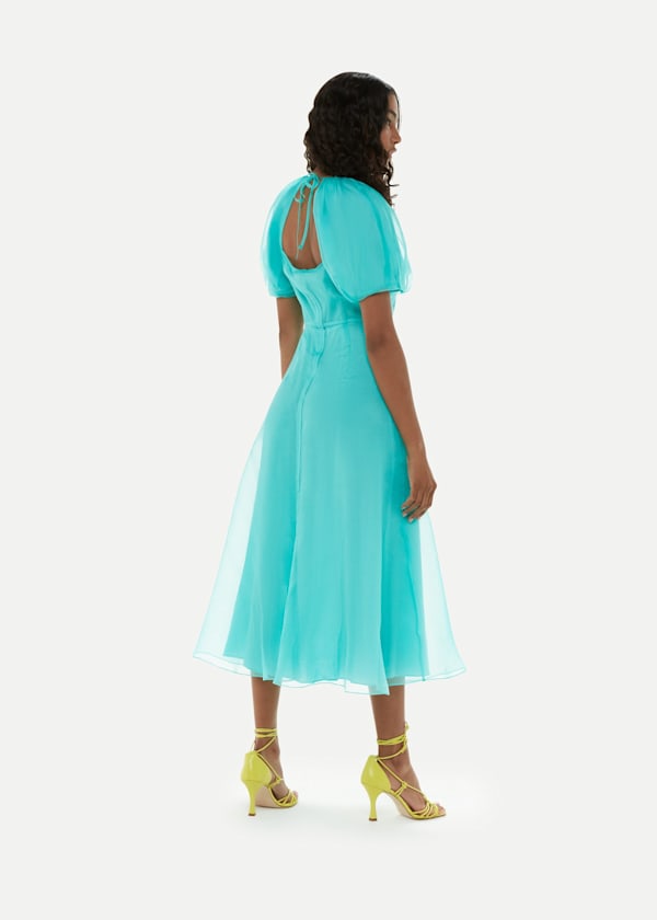 Turquoise Organza Silk Puff Sleeve Dress