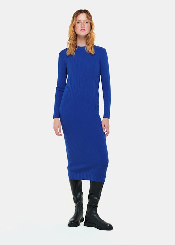 Cobalt Blue Ribbed Knitted Midi Sweater Dress