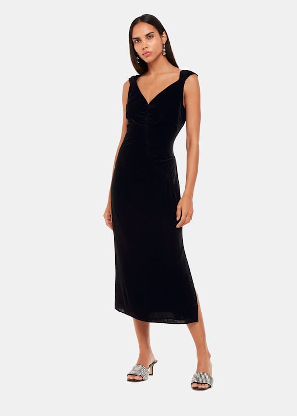 Black Draped Velvet Midi Dress