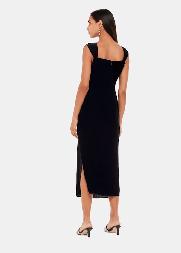 Black Draped Velvet Midi Dress