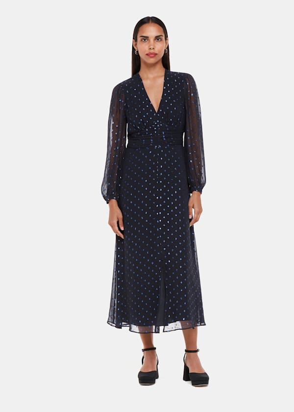 Navy Metallic Dobby Midi Dress