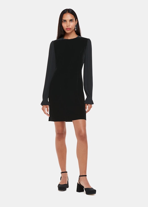 Black Velvet Pleat Sleeve Mini Dress