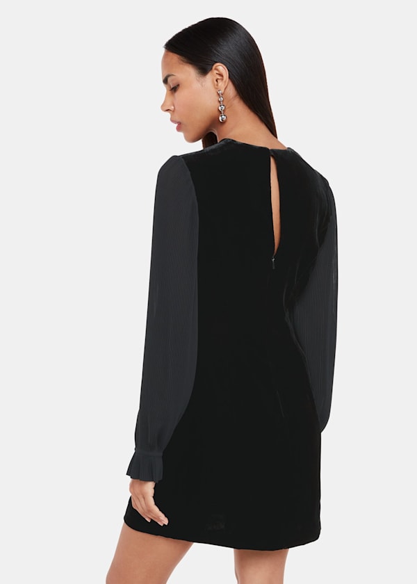 Black Velvet Pleat Sleeve Mini Dress