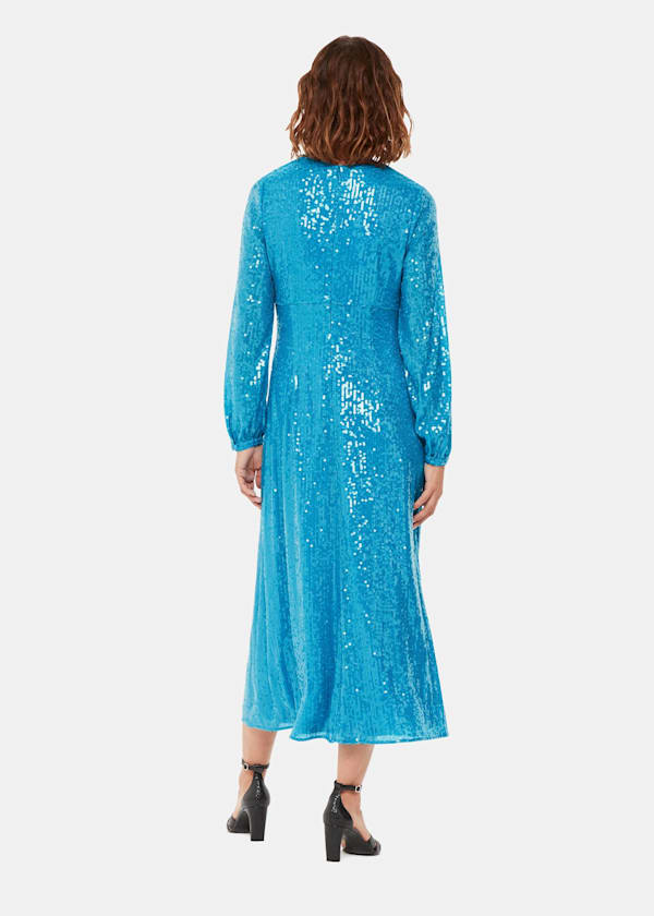 Blue Sequin Keyhole Midi Dress