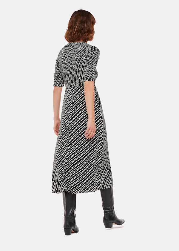Black Diagonal Ripple Shirred Dress
