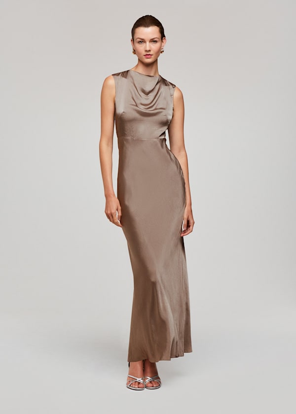Pewter Cowl Neck Satin Maxi Dress