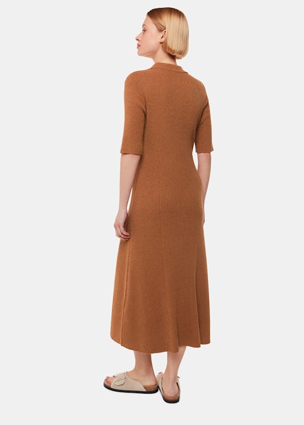 Camel Knitted Ribbed Midi Dress
