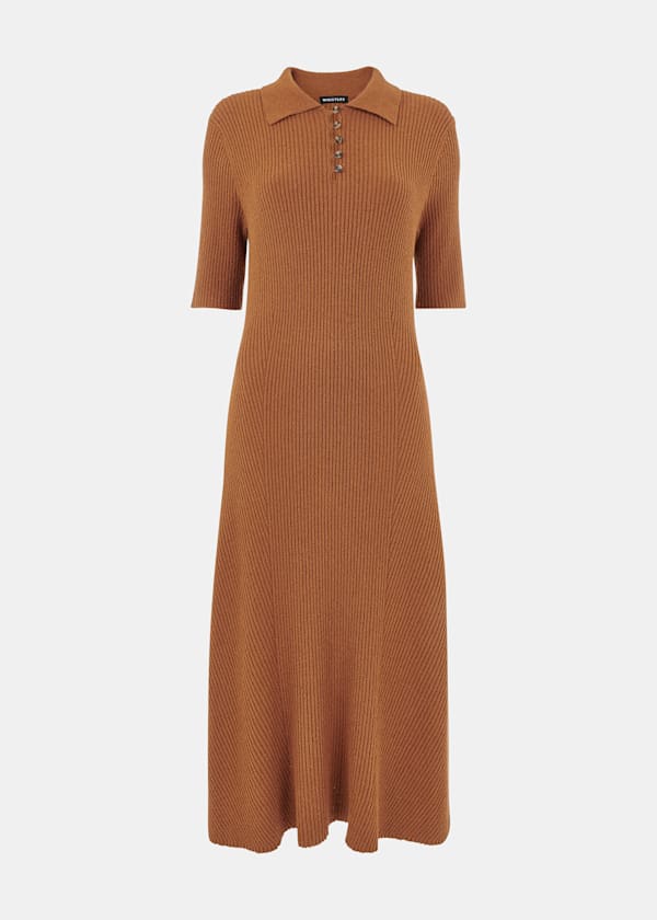 Camel Knitted Ribbed Midi Dress