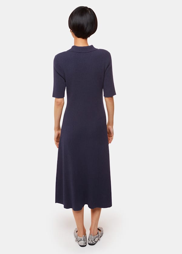 Navy Knitted Ribbed Midi Dress