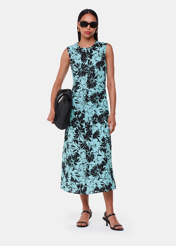 Blue Pansy Print Textured Dress