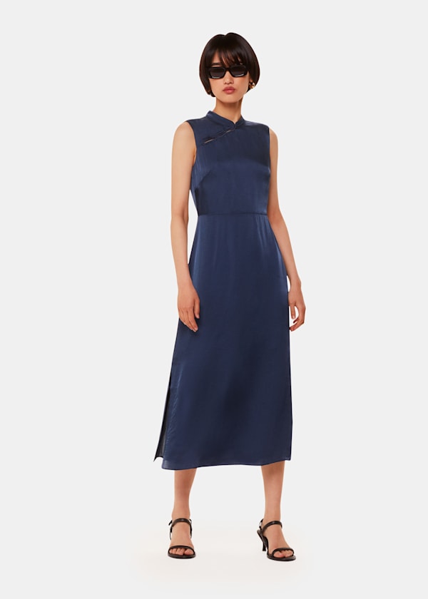 Navy Aria Satin Midi Dress