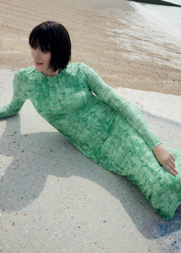 Green Brushwork Print Mesh Dress