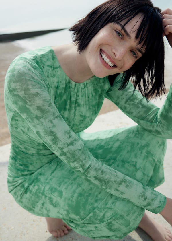 Green Brushwork Print Mesh Dress