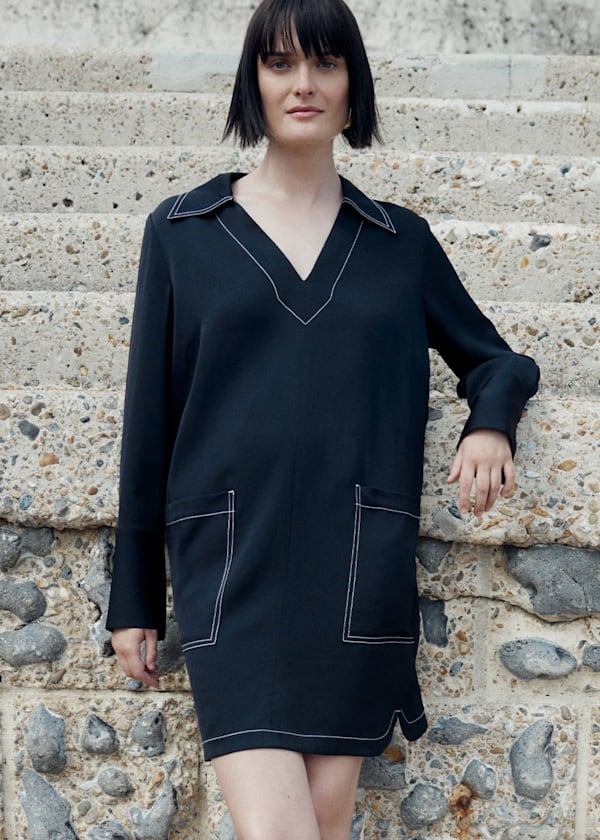 Black Topstitch Detail Shirt Dress
