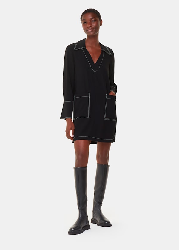 Black Topstitch Detail Shirt Dress