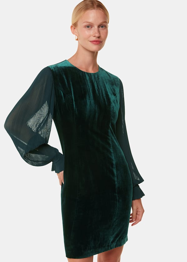 Dark Green Velvet Pleated Sleeve Dress