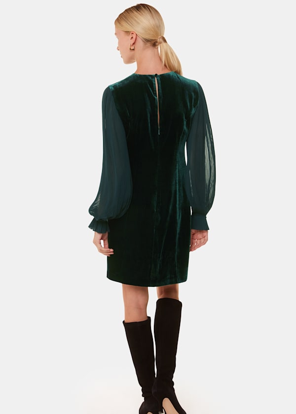 Dark Green Velvet Pleated Sleeve Dress
