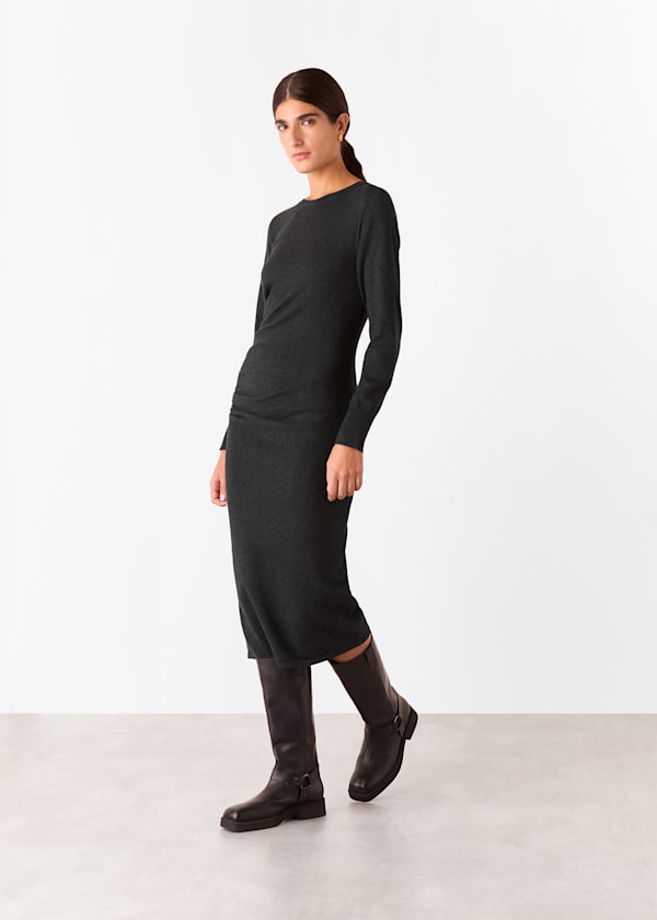 Dark Grey Gathered Side Midi Knit Dress