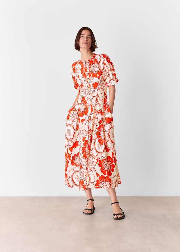 Red Bloom Floral Midi Dress