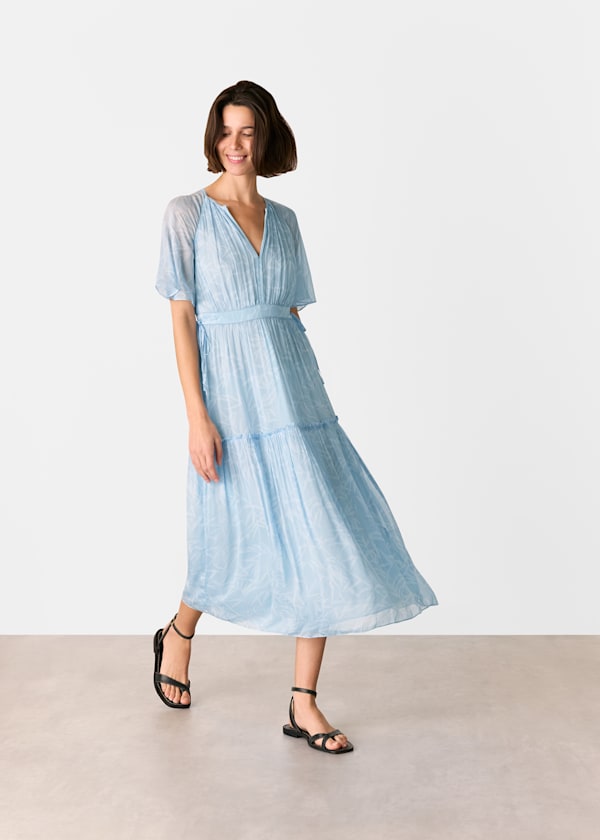 Blue Bamboo Leaves Gathered Dress