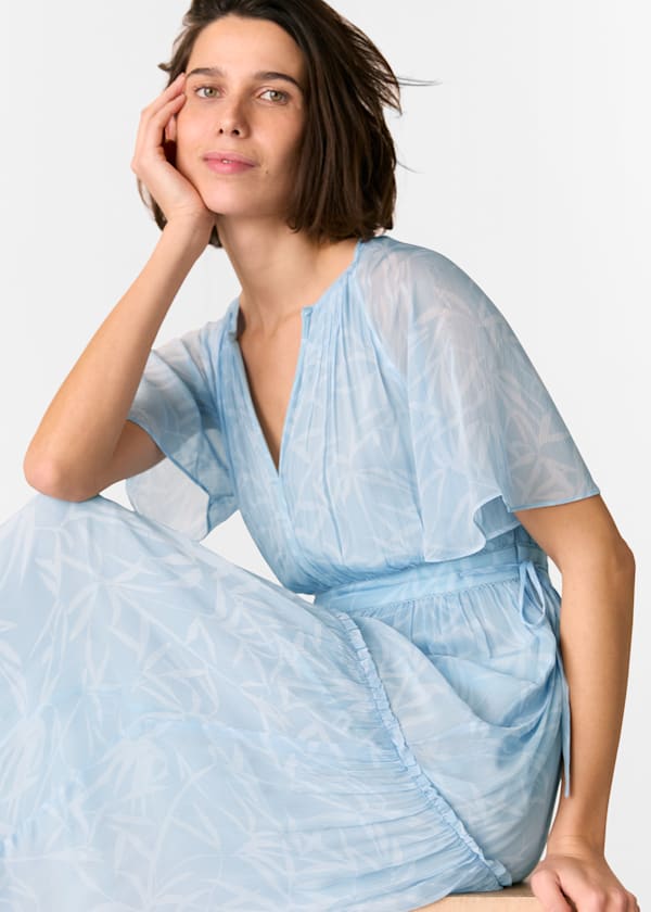 Blue Bamboo Leaves Gathered Dress
