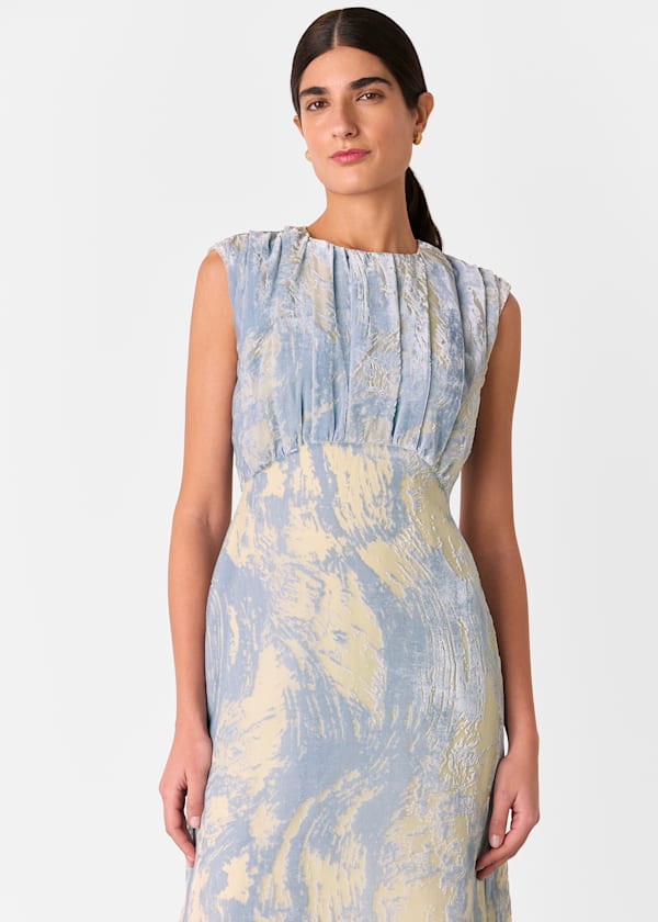 Blue Devore Swirl Velvet Midi Dress