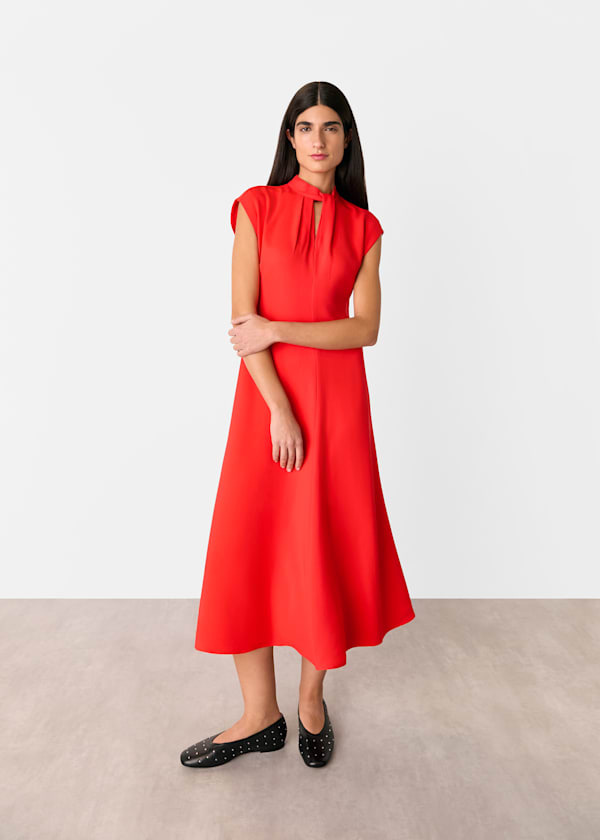 Red Twist Neck Crepe Midi Dress