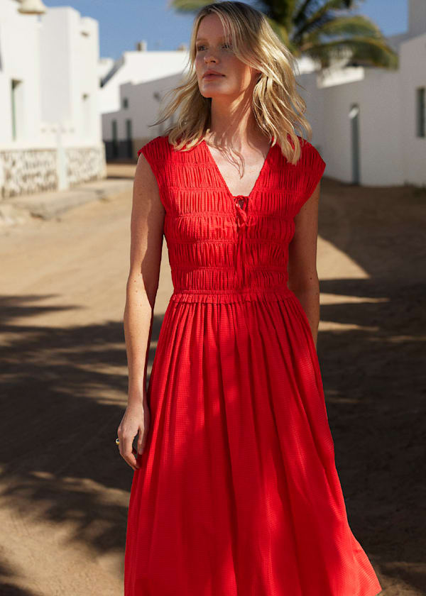 Red Petite Shirred Bodice V Neck Dress