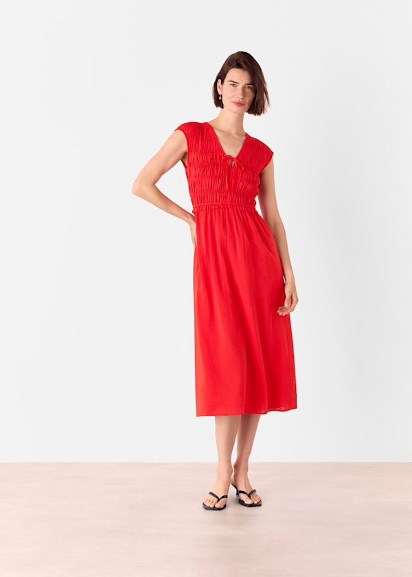 Red Petite Shirred Bodice V Neck Dress