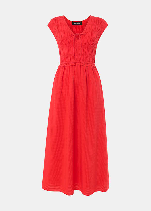 Red Petite Shirred Bodice V Neck Dress