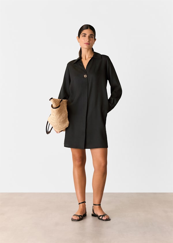 Black Collared Button Short Dress