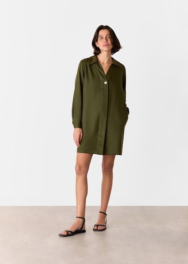 Khaki Collared Button Short Dress