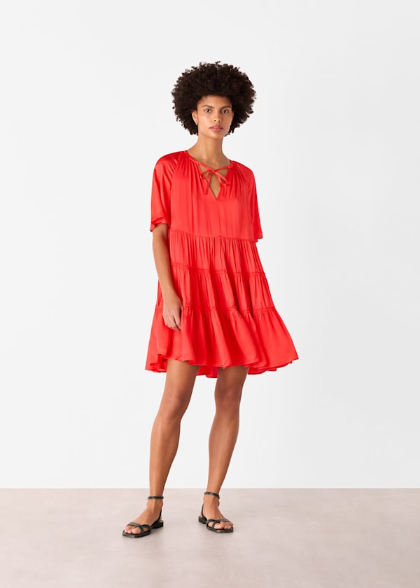 Red Satin Trapeze Mini Dress