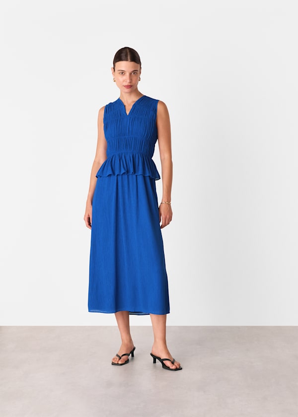 Cobalt Blue Shirred V Neck Midi Dress