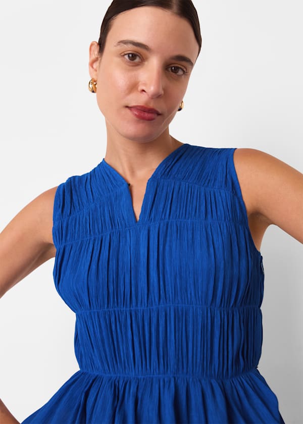 Cobalt Blue Shirred V Neck Midi Dress