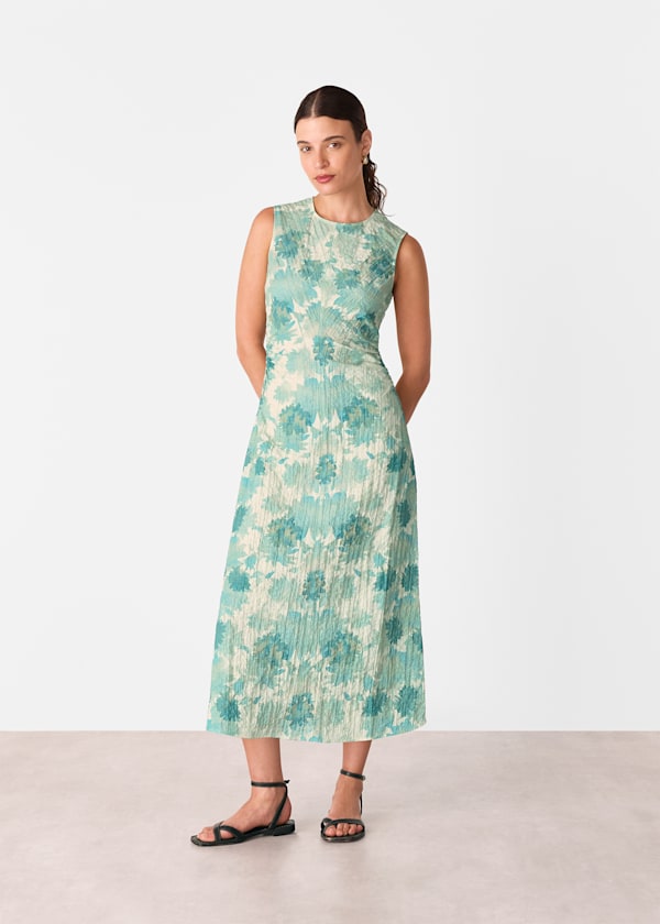 Blue Floral Textured Midi Dress