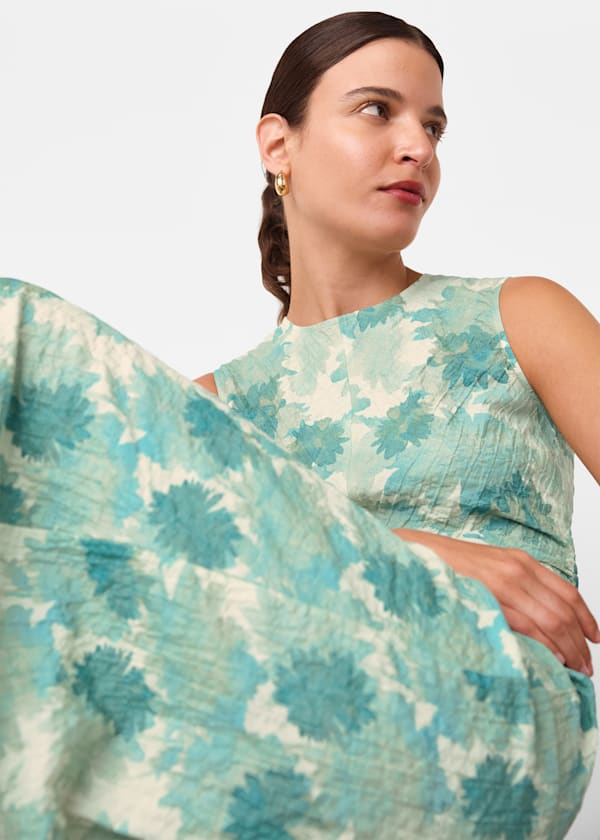 Blue Floral Textured Midi Dress