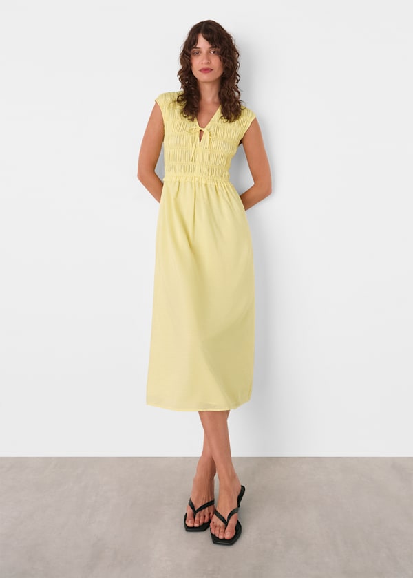 Lemon Shirred Bodice V Neck Dress