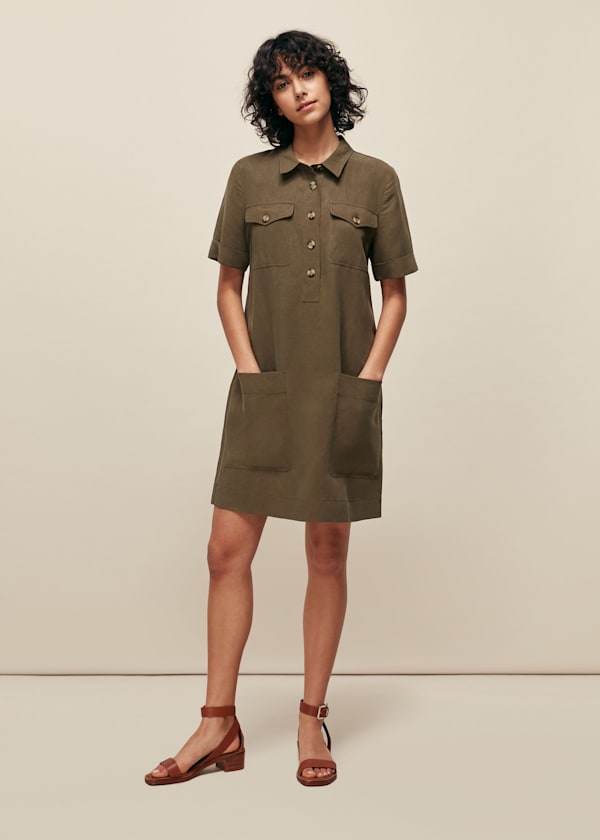 Khaki Pocket Detail Linen Mix Dress