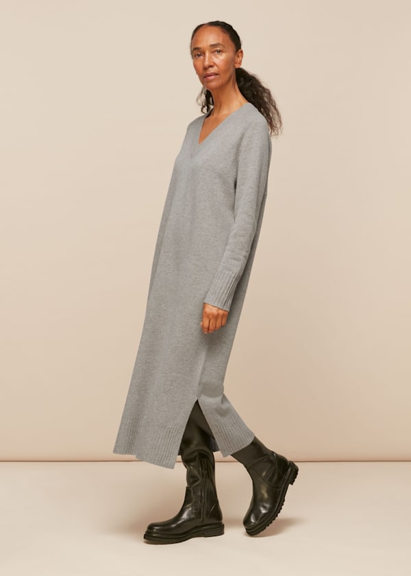 Grey Marl V Neck Knitted Dress