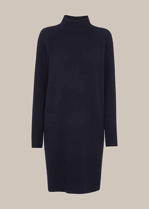 Navy Funnel Neck Knitted Dress