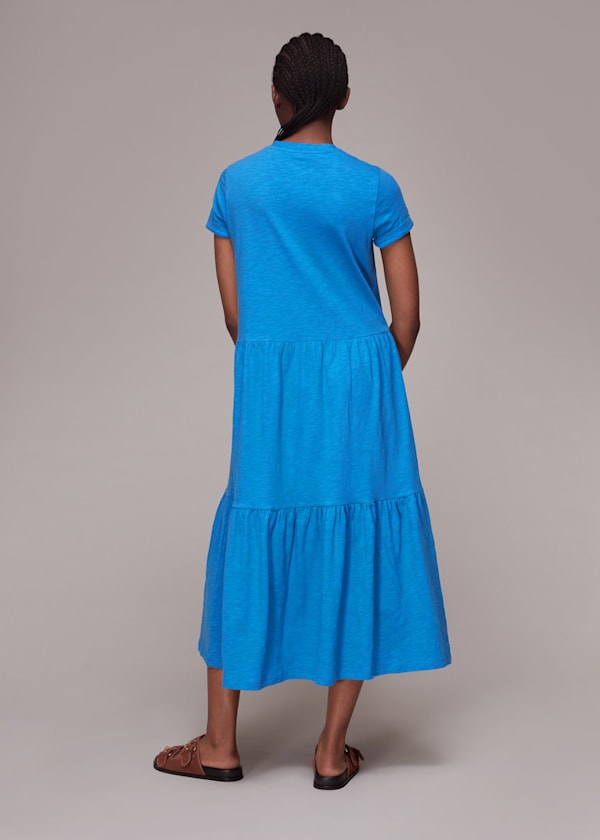 Blue Tiered Jersey Midi Dress