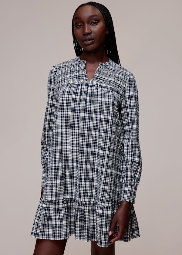 Navy Seersucker Check Flippy Dress