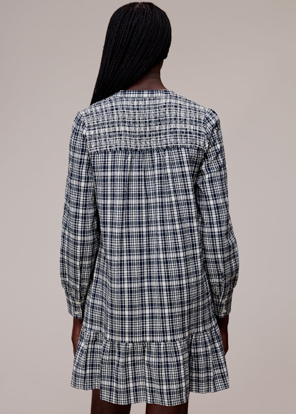 Navy Seersucker Check Flippy Dress