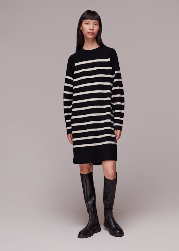 Black Stripe Crew Neck Sweater Dress