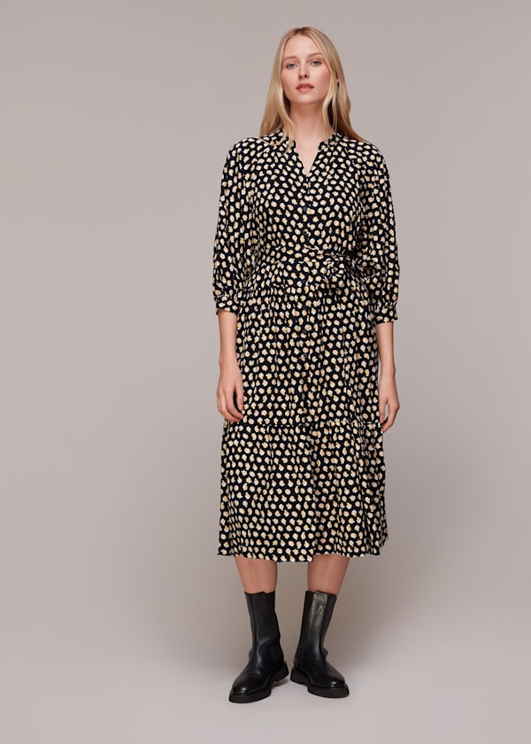 Black Twisting Tulips Trapeze Dress