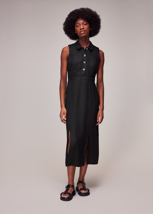Black Molly Linen Midi Dress
