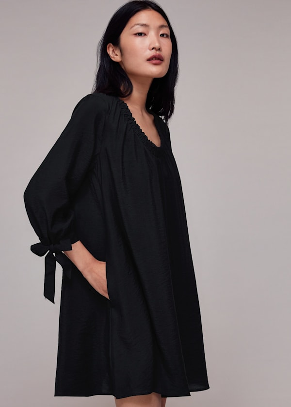 Black Lydia Gathered Trapeze Dress