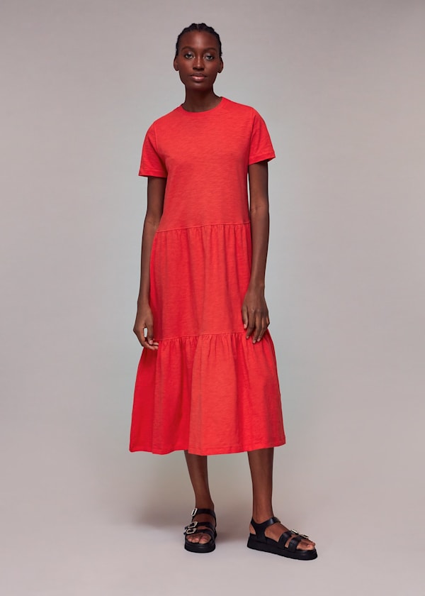 Red Tiered Jersey Midi Dress