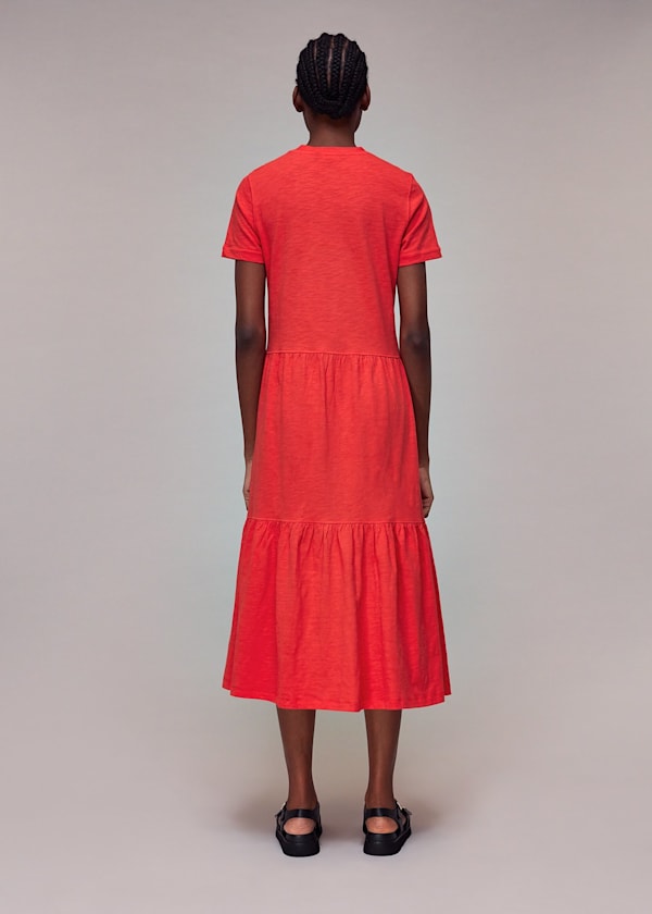 Red Tiered Jersey Midi Dress
